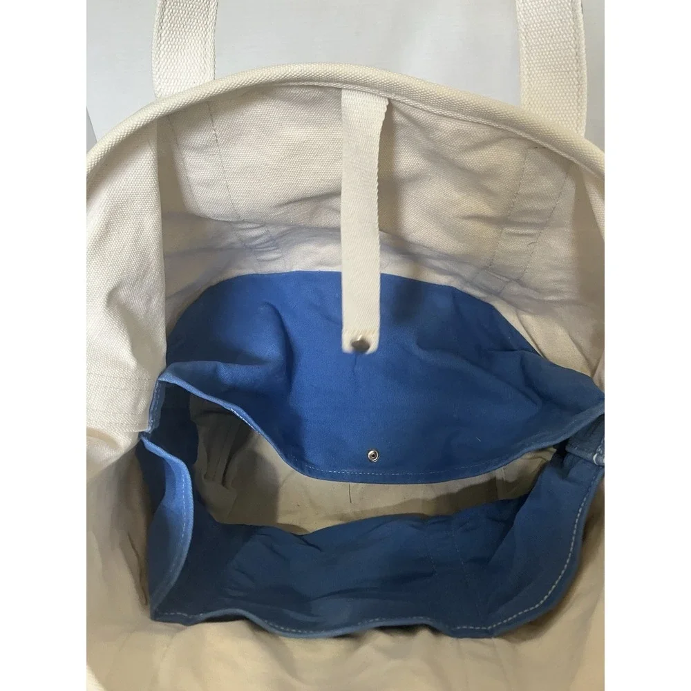 Vintage Lands End Tote 90s Blue White Canvas Large 5 Pocket Double Handle